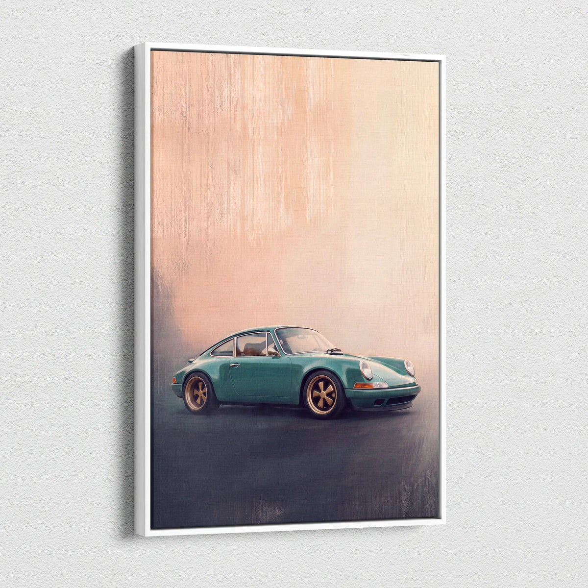 Teal porsche 911 sports car print on canvas in white frame retro sports car wall decor poster