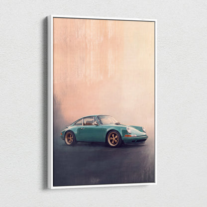 Teal porsche 911 sports car print on canvas in white frame retro sports car wall decor poster