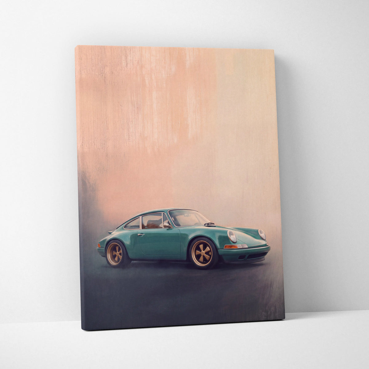 Teal porsche 911 canvas print with gold rims on soft peach gradient background for retro sports car wall decor poster