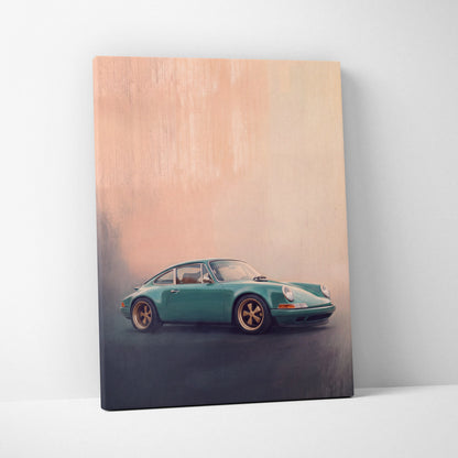 Teal porsche 911 canvas print with gold rims on soft peach gradient background for retro sports car wall decor poster