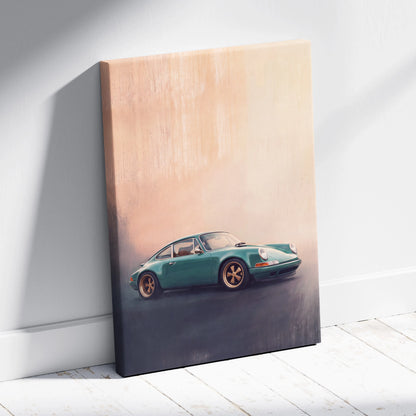 Teal porsche 911 canvas print with gold rims featuring a vintage racing aesthetic for retro sports car wall decor