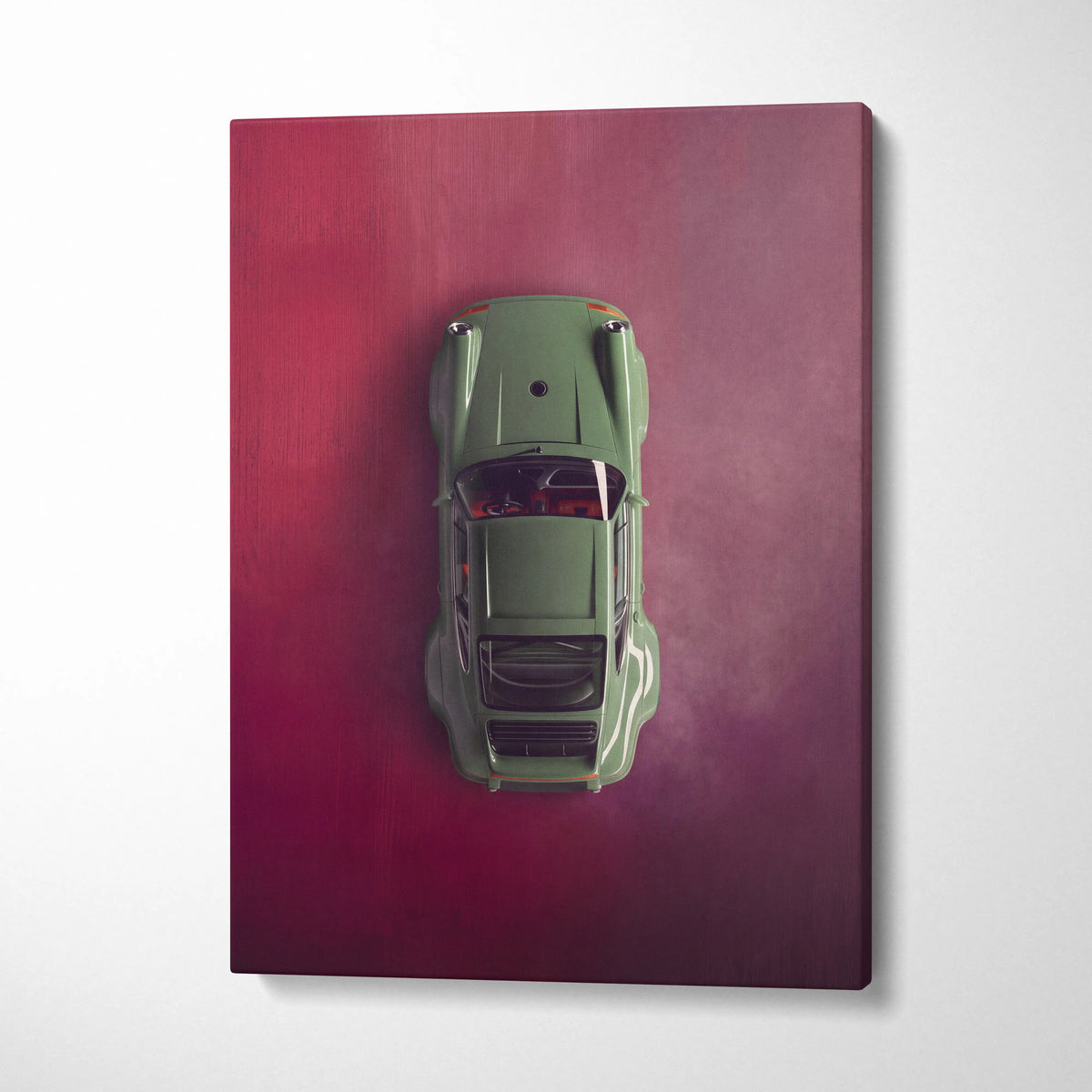 Olive green vintage-style porsche 911 inspired car model on gradient red canvas for luxury garage wall art decor