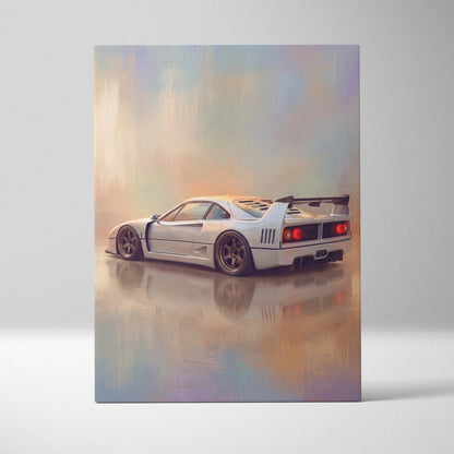 Ferrari f40 inspired car wall art featuring a white sports car with sleek aerodynamic design and rear spoiler on canvas