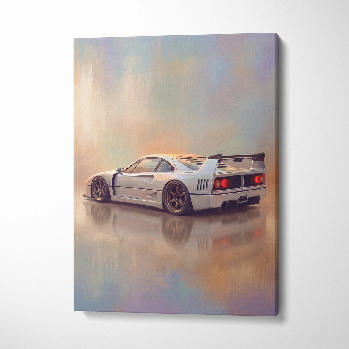 White ferrari f40 sports car canvas print with sleek aerodynamic design and glowing red taillights wall art