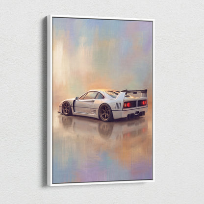 White framed canvas print featuring a sleek silver ferrari f40 with red taillights and black racing stripes wall art