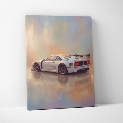White Ferrari F40 canvas print wall art featuring iconic sports car with red taillights and prominent rear wing