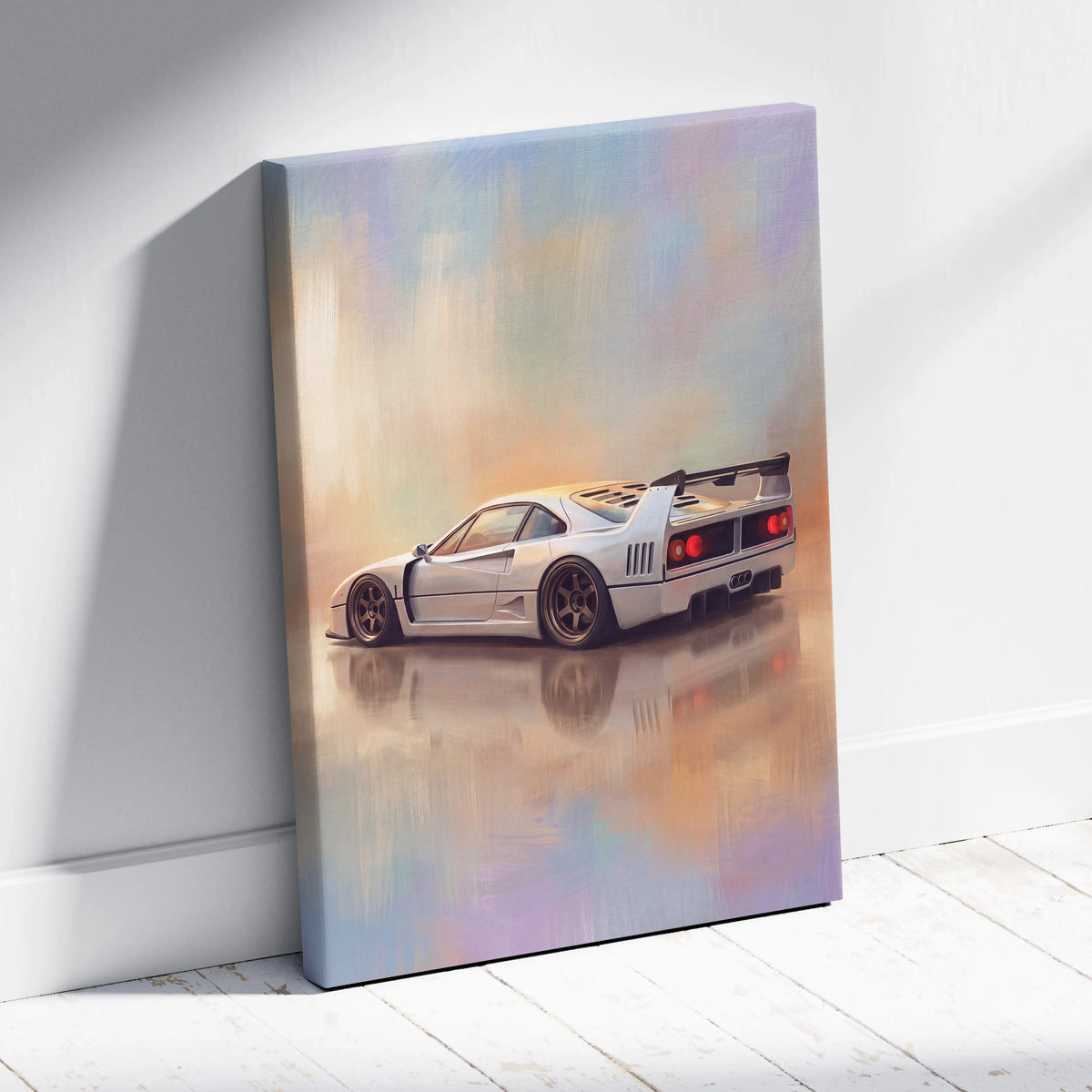 White ferrari f40 canvas print featuring a sleek aerodynamic sports car with red taillights and black racing wheels