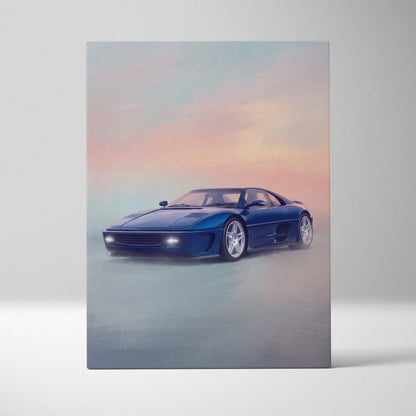 A sleek blue Ferrari F355 sports car with glowing headlights in a stylized painting on canvas wall art