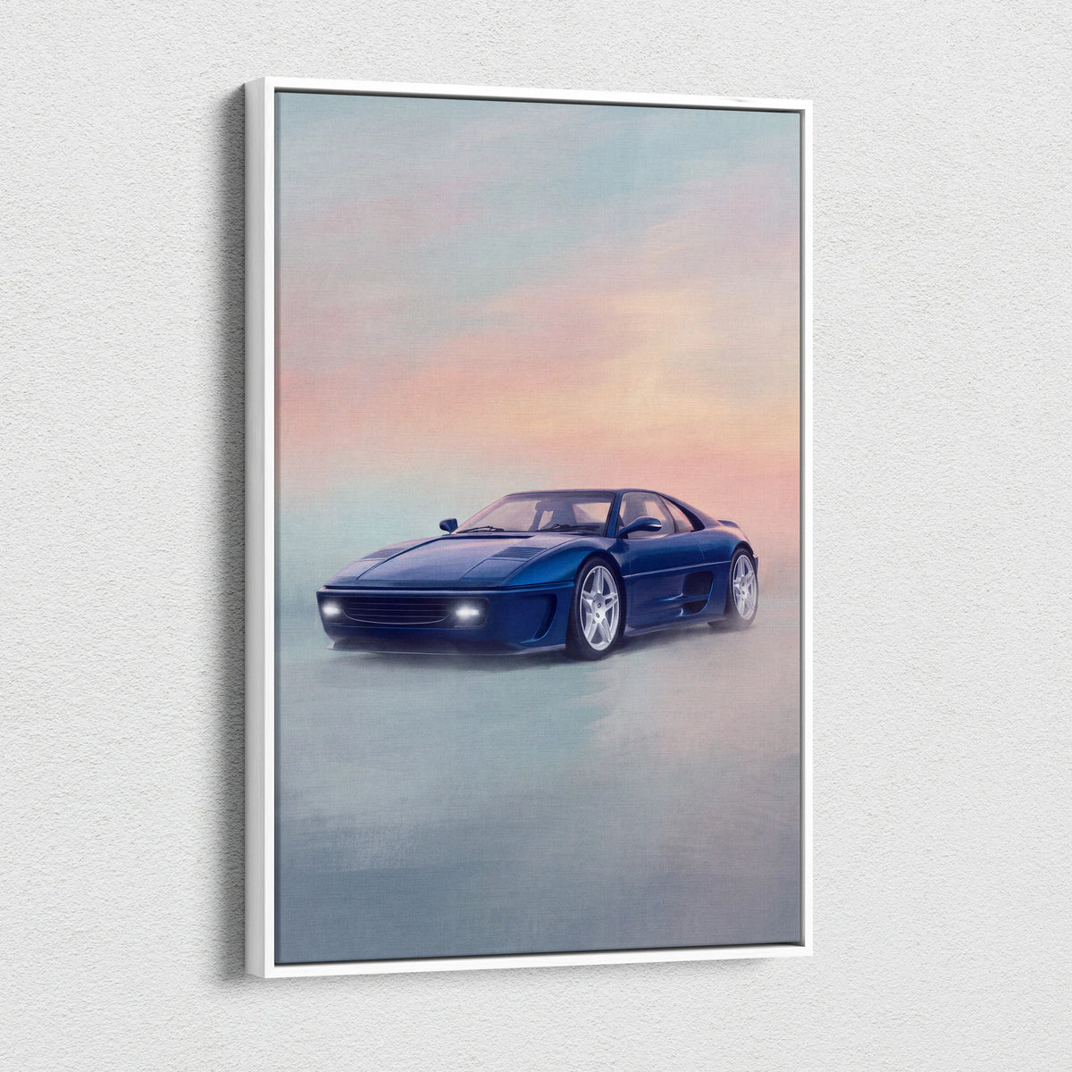 Blue ferrari f355 sports car wall art with misty pastel sky backdrop modern canvas poster painting