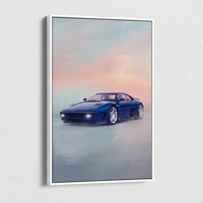 Blue ferrari f355 sports car wall art with misty pastel sky backdrop modern canvas poster painting