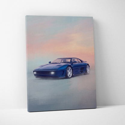 Blue Ferrari 348 sports car canvas print inspired by Ferrari F355, modern wall art poster for sports car enthusiasts