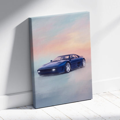 Blue Ferrari F355 inspired sports car canvas print wall art featuring a modern car poster painting