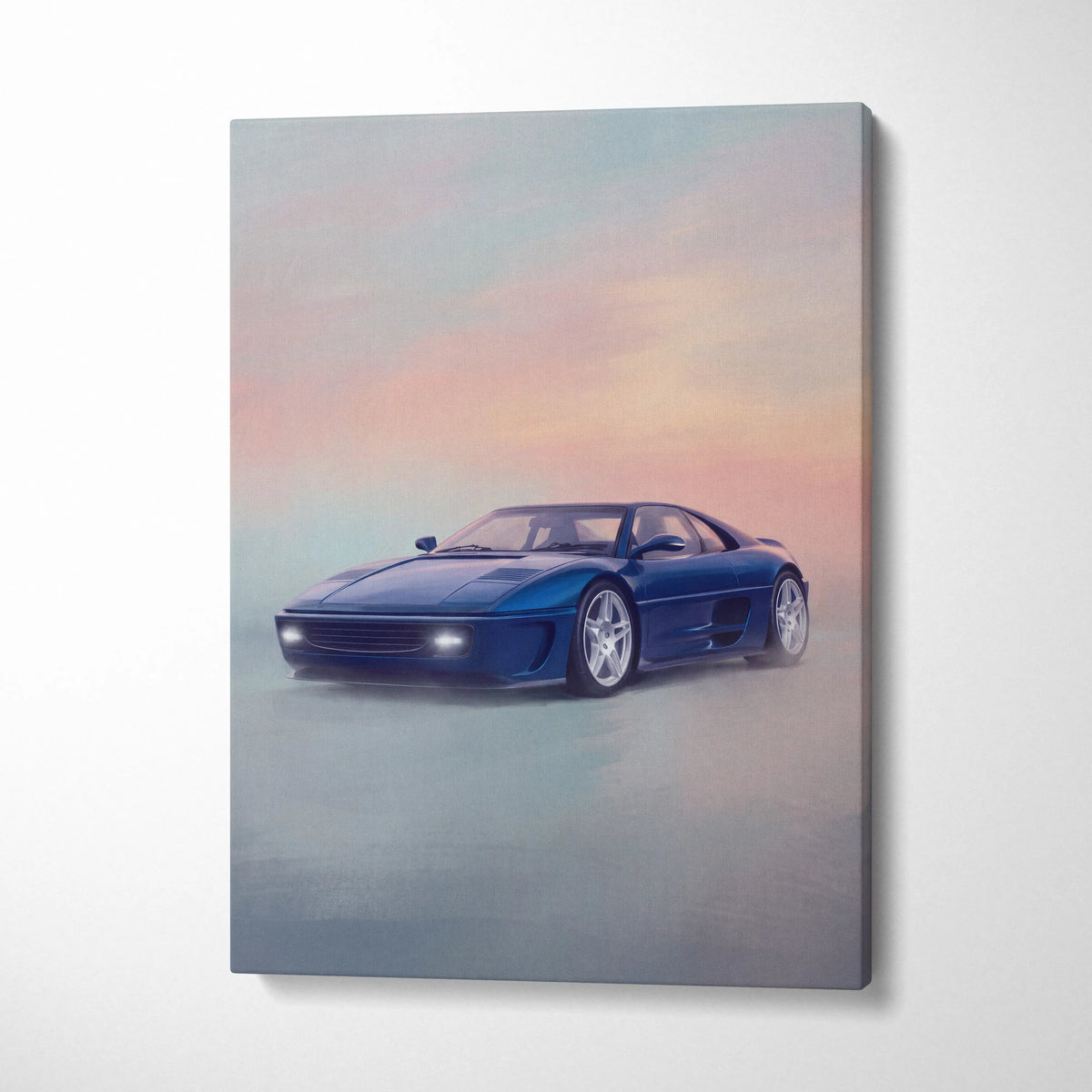 Blue Ferrari f355 sports car canvas print featuring modern wall art and poster painting for car enthusiasts