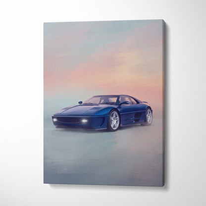 Blue Ferrari f355 sports car canvas print featuring modern wall art and poster painting for car enthusiasts