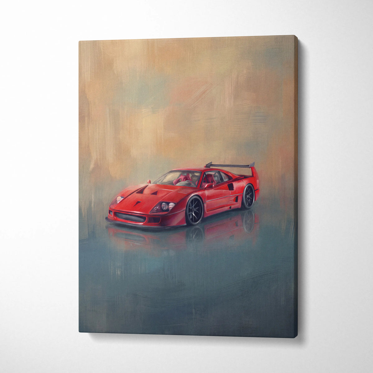 Vibrant red ferrari f40 inspired art canvas featuring a glossy reflective painting style vintage supercar wall decor poster