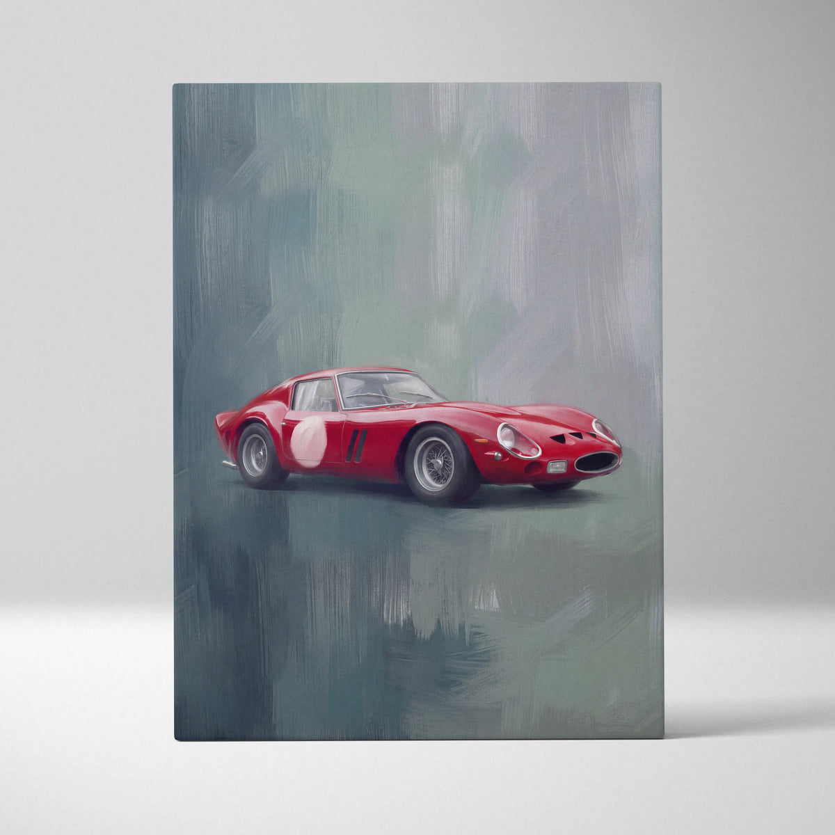 Ferrari 250 gto inspired automotive wall art featuring a vibrant red racing car with white race number one in impressionist style