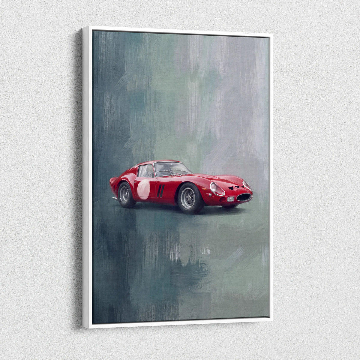Red Ferrari 250 GTO inspired automotive wall art showing a classic Italian sports car in a white frame canvas print
