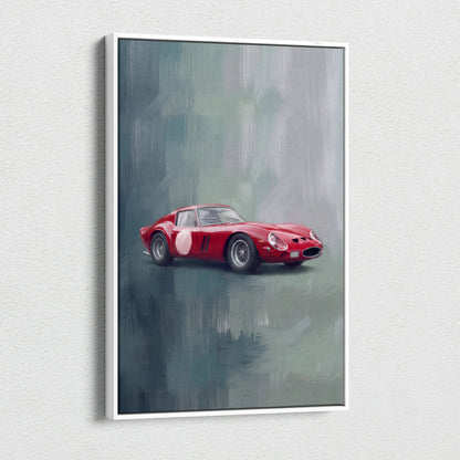 Red Ferrari 250 GTO inspired automotive wall art showing a classic Italian sports car in a white frame canvas print