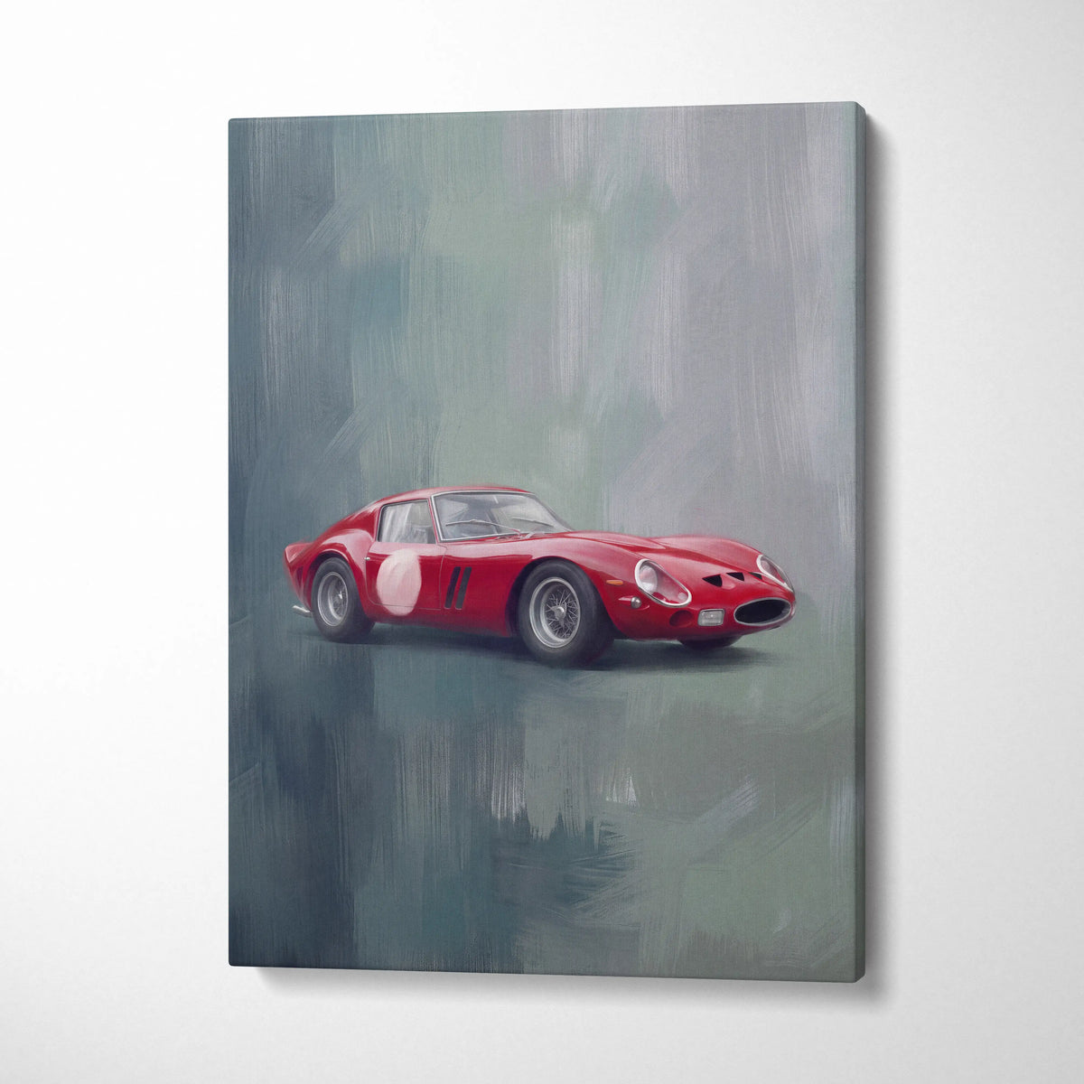 Ferrari 250 GTO inspired red racing car canvas print with white circular number decals classic Italian sports car art