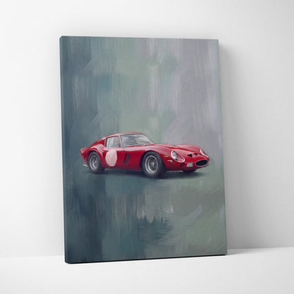Red Ferrari 250 GTO inspired canvas painting featuring white racing number and circular decals for wall art