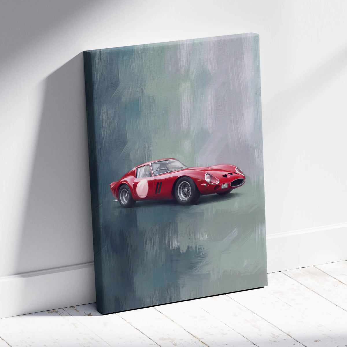 Red ferrari 250 gto inspired canvas wall art featuring a racing car with white number decals on textured gray background
