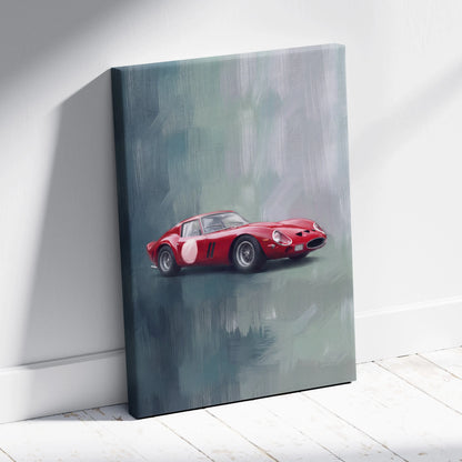 Red ferrari 250 gto inspired canvas wall art featuring a racing car with white number decals on textured gray background