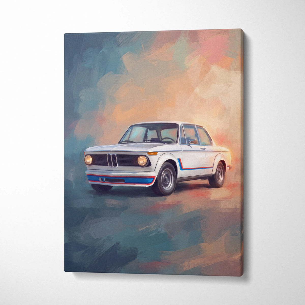 White bmw 2002 with blue and red racing stripes on a canvas painting vintage german touring car wall decor poster