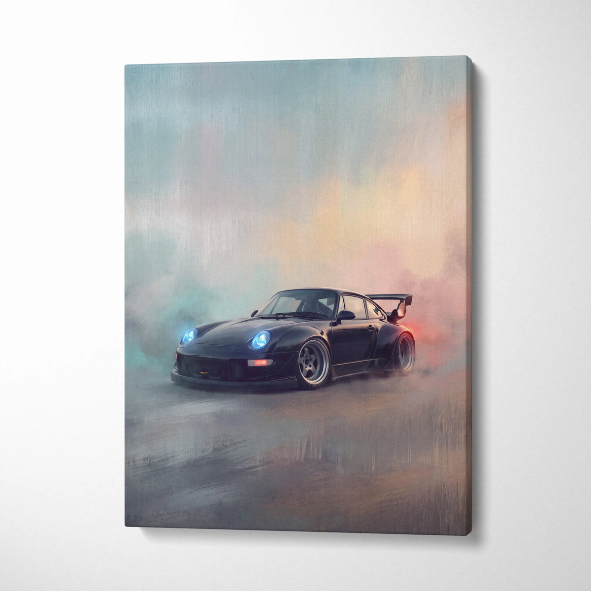 Black porsche 911 sports car canvas art with glowing blue headlights and rear spoiler for vintage luxury garage decor