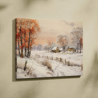 Winter snowy landscape canvas wall art with rustic cottages, bare trees, and a wooden fence decor.