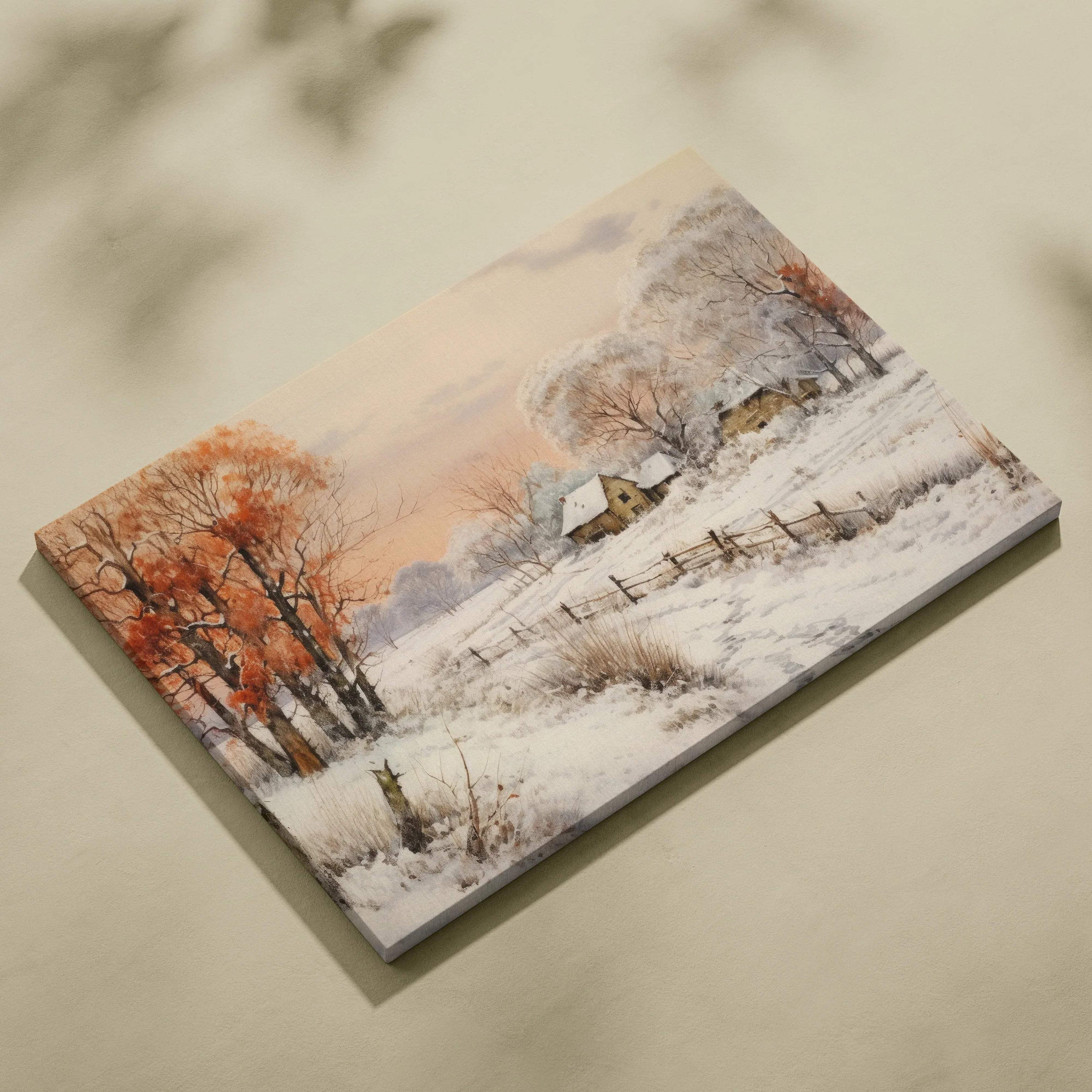 Canvas wall art featuring a snowy winter landscape with bare trees and a small cabin, soft pastel sky colors, and white.
