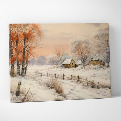 Canvas wall art featuring a snowy winter landscape with frosted trees, rustic fence, and cozy cottages under a soft pastel.