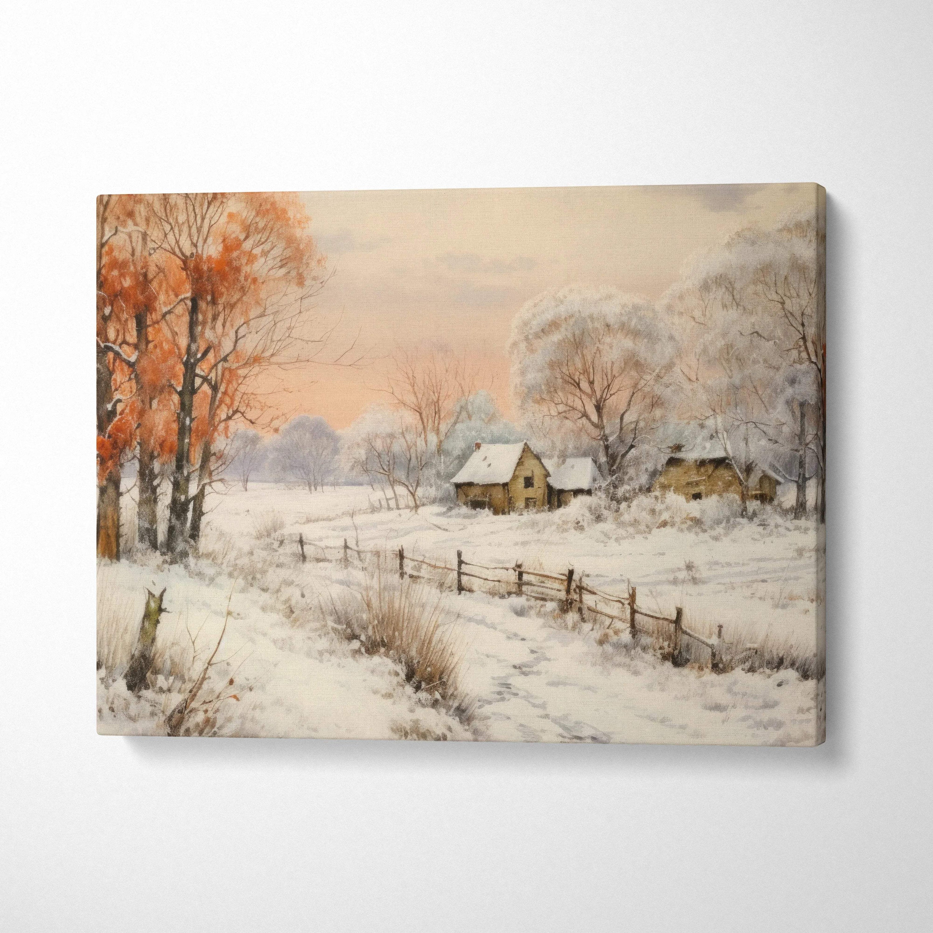 Canvas wall art featuring a snowy winter landscape with orange and white trees and rustic cabins at sunset.