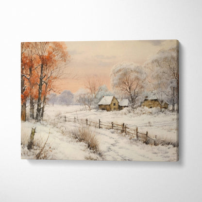 Canvas wall art featuring a snowy winter landscape with orange and white trees and rustic cabins at sunset.