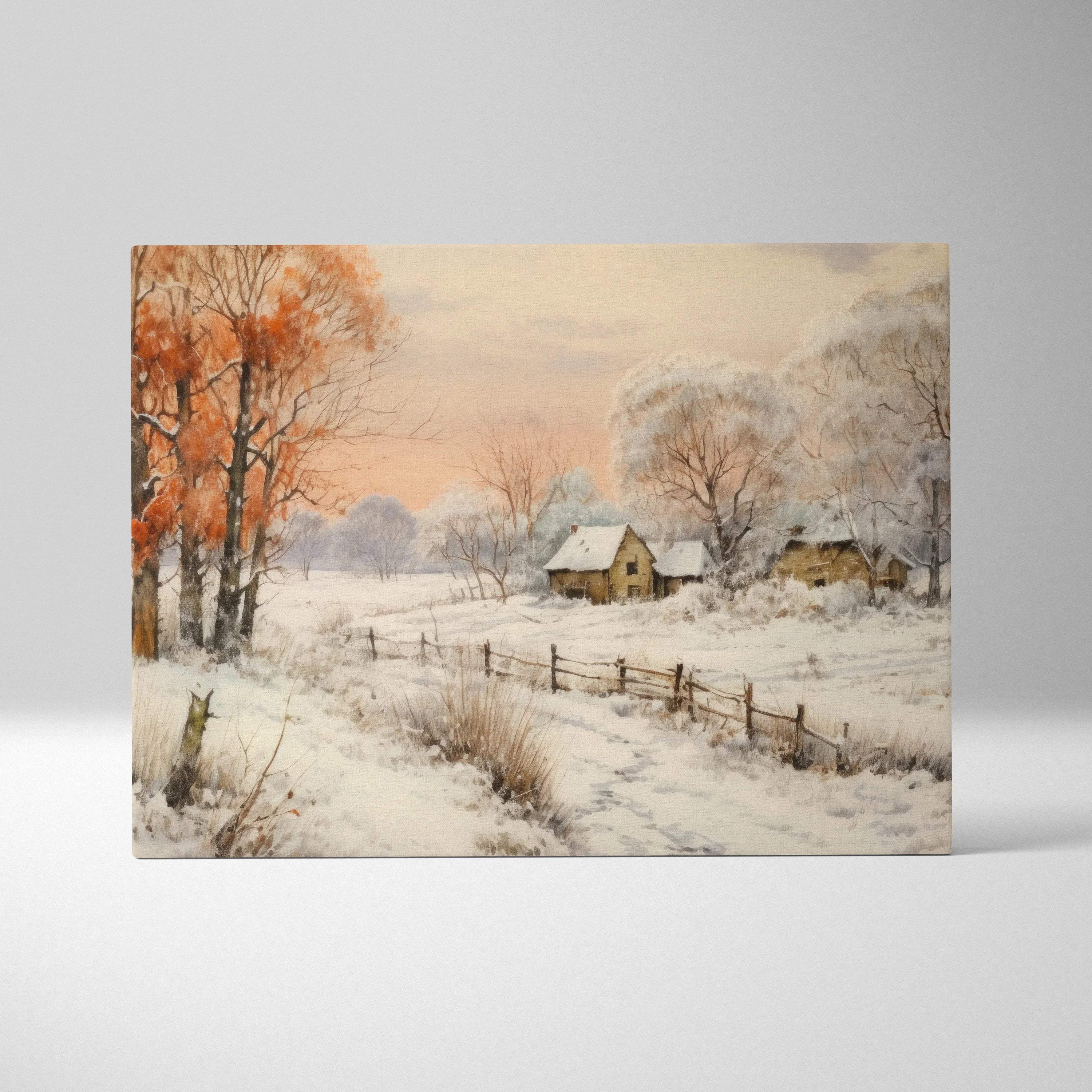 Canvas wall art featuring a snowy winter landscape with rustic cabins, bare trees, and a wooden fence under a soft pastel.