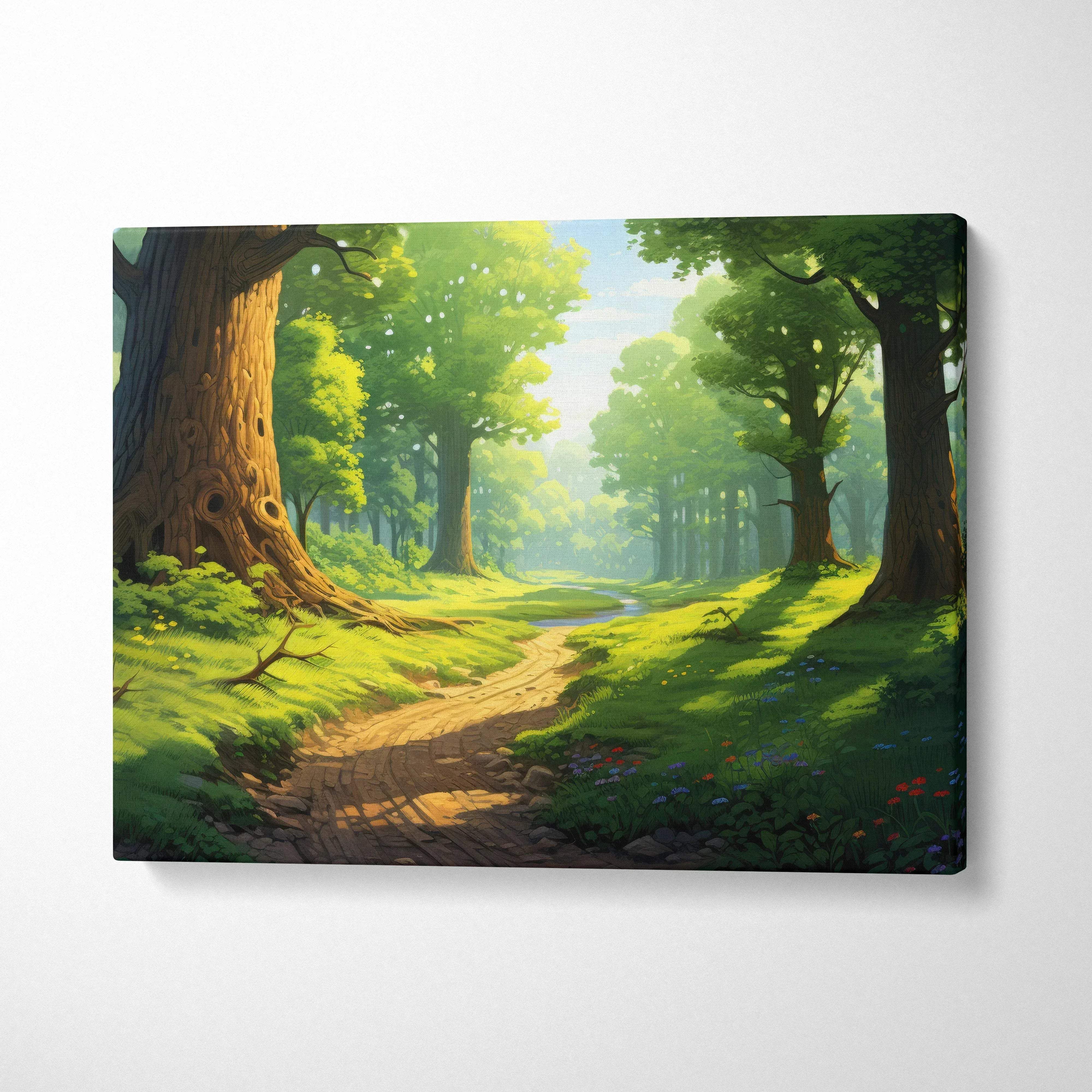 Vibrant cartoon style forest scene canvas wall art with sunlit trees and winding path, colorful home decor.