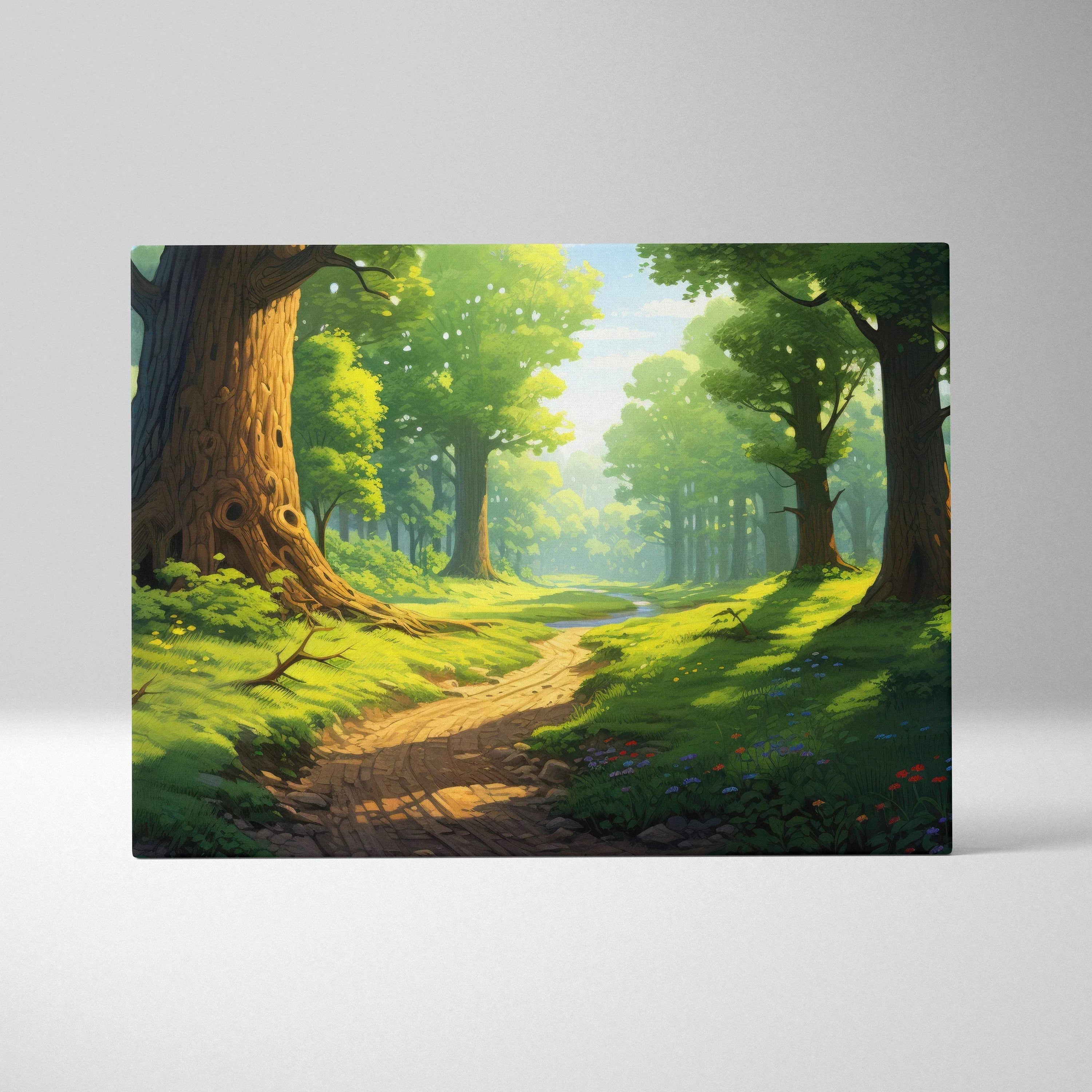 Vibrant cartoon style forest path with sunlight filtering through trees on canvas wall art decor.