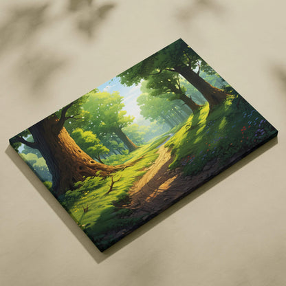 Vibrant cartoon style forest scene on canvas wall art with sunlit greenery and winding path decor.