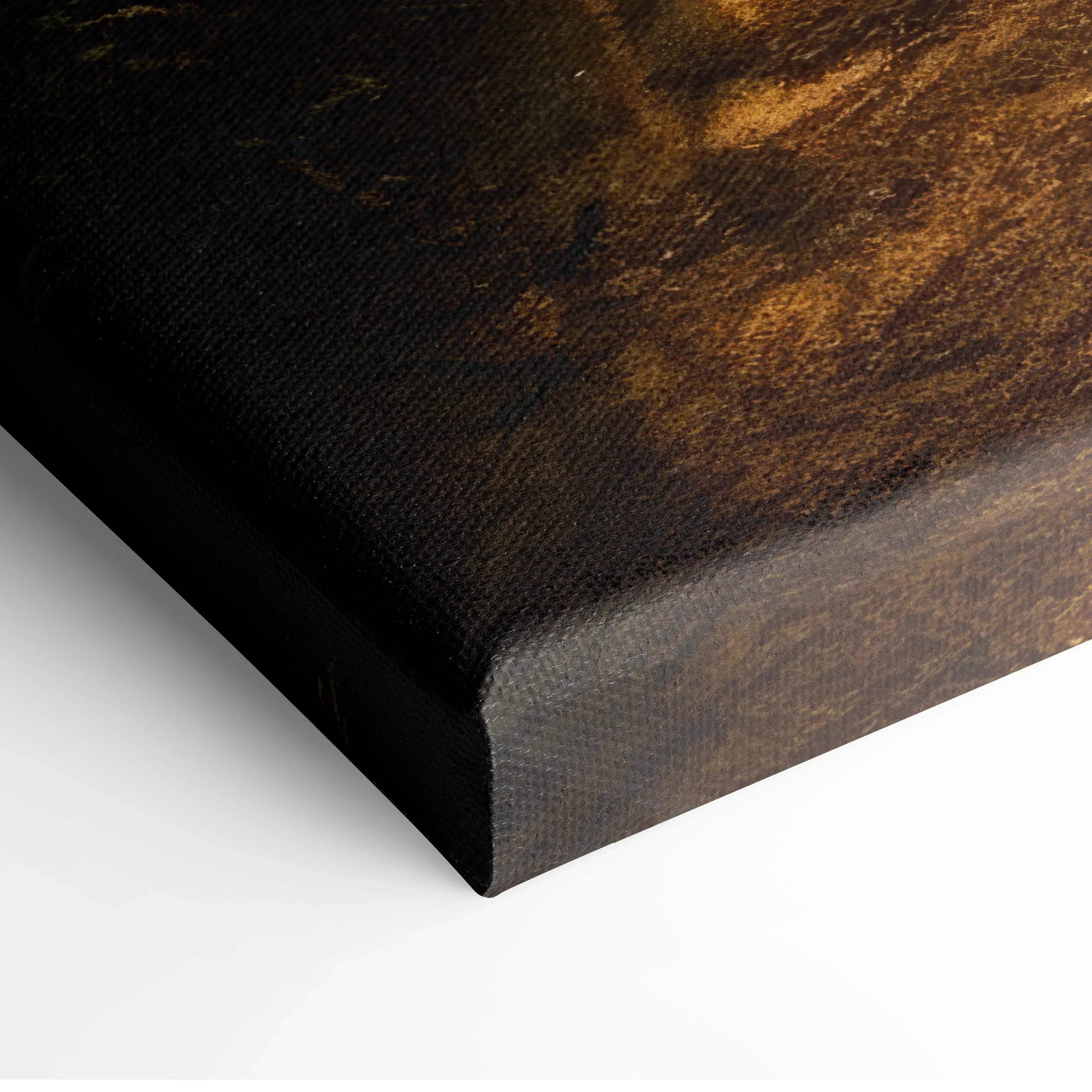 Dark forest sunset canvas wall art with rich brown and black tones, vertical decor print.
