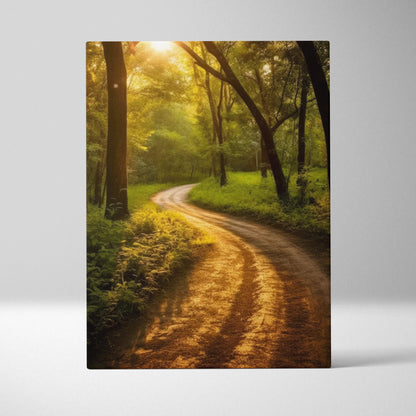Canvas wall art featuring a winding forest path bathed in golden sunset light, perfect for home decor.