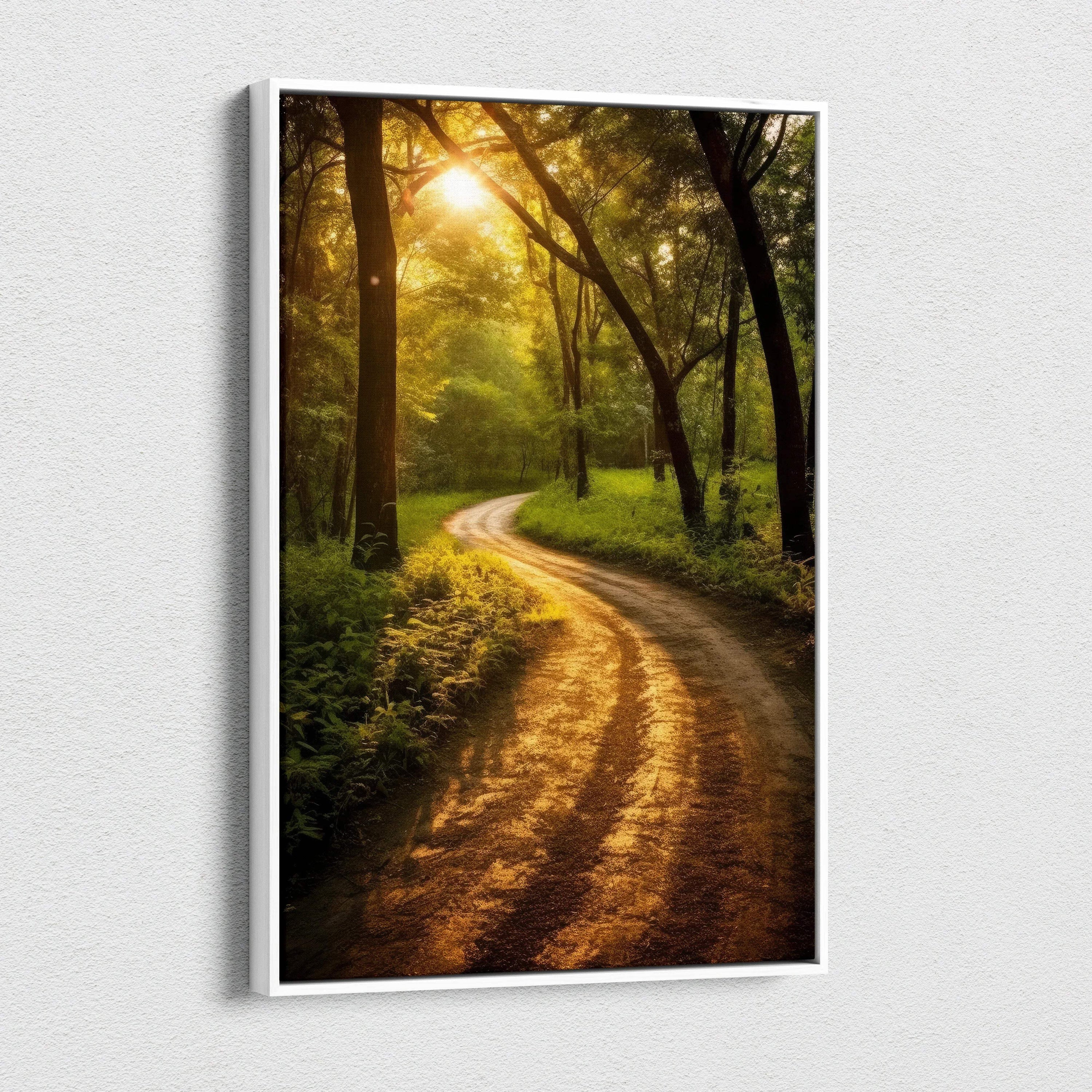 Vertical canvas wall art of forest path glowing with warm sunset light, perfect decor.