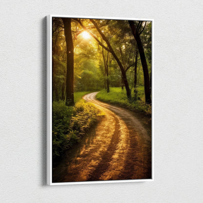 Vertical canvas wall art of forest path glowing with warm sunset light, perfect decor.