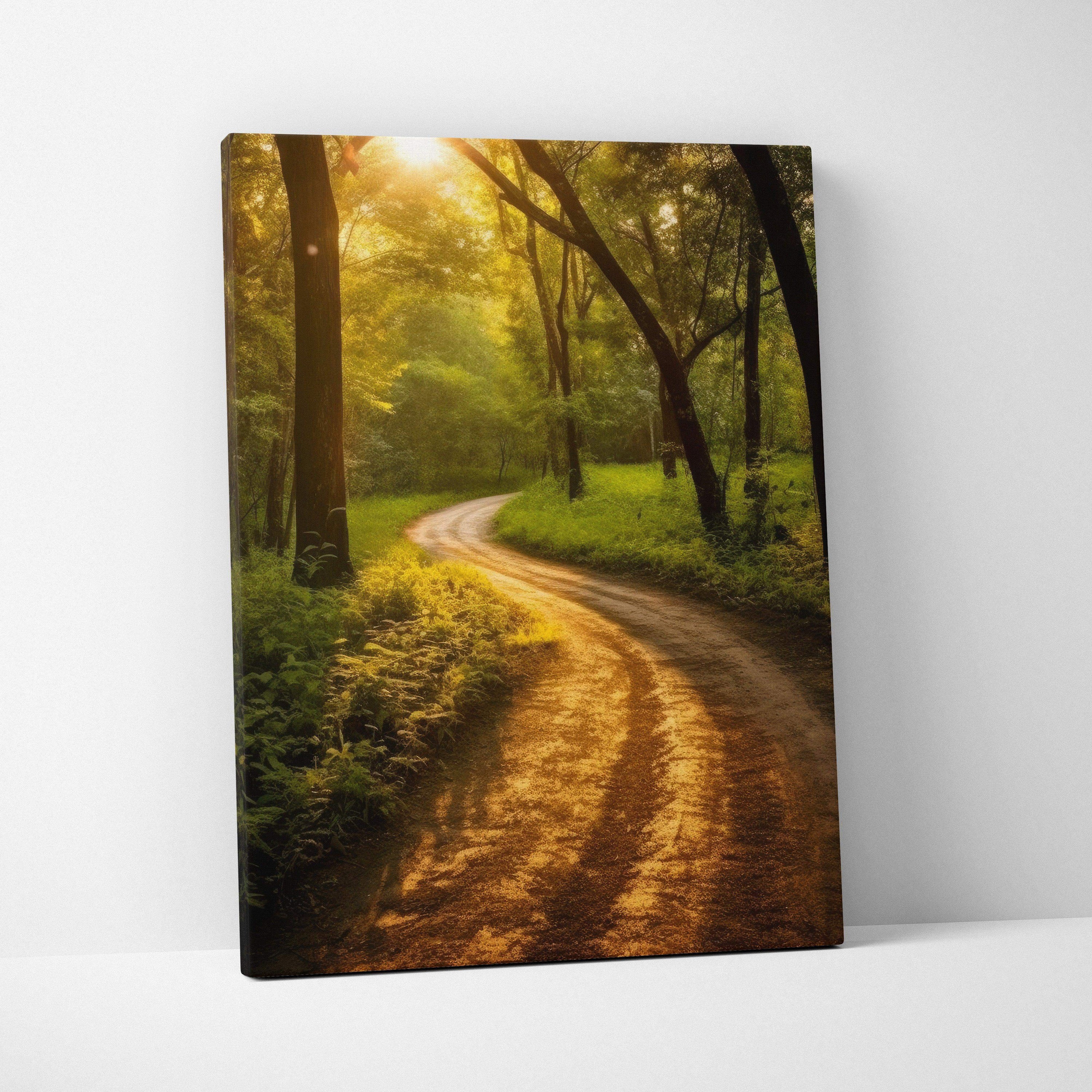 Forest path at sunset with golden light on canvas wall art decor.
