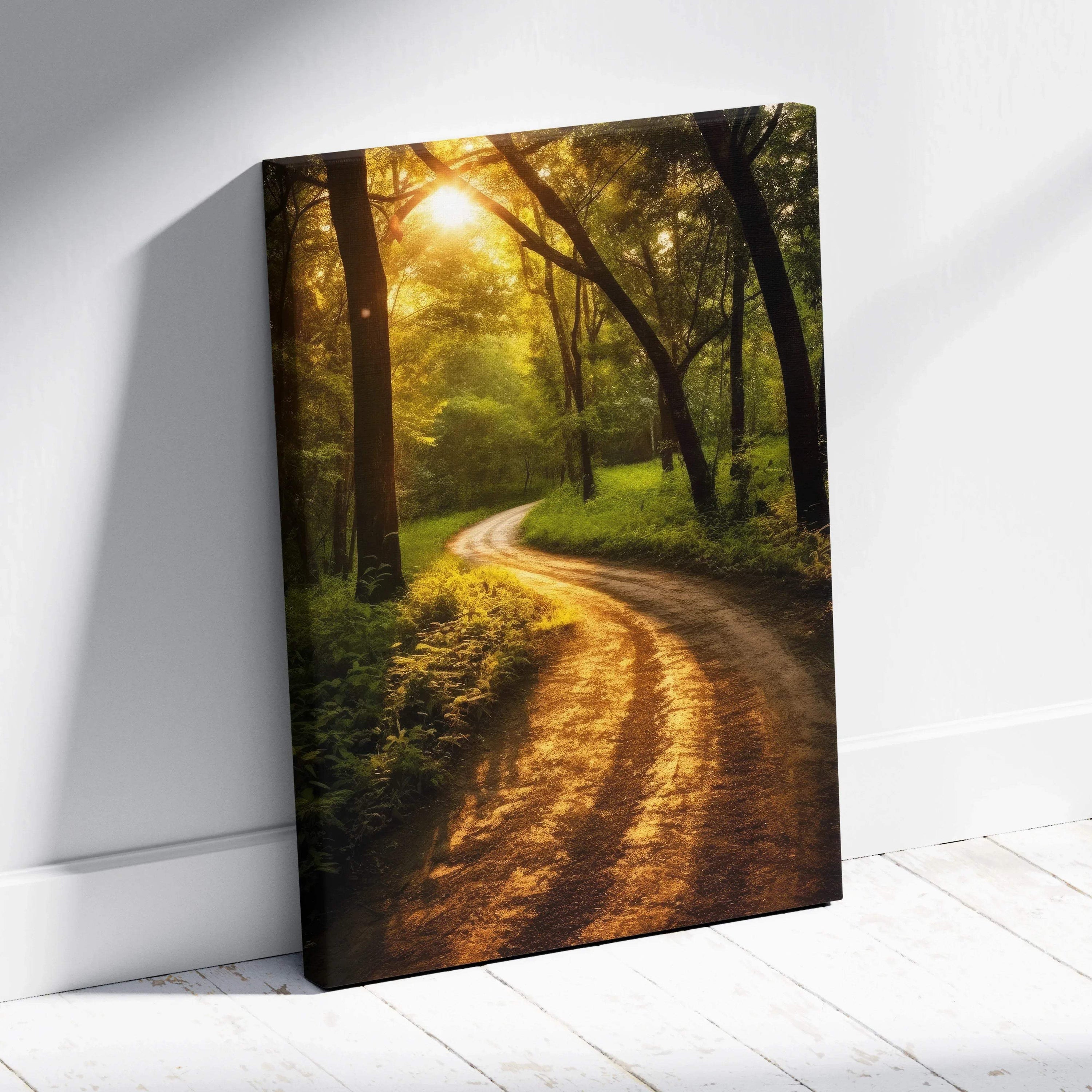 Forest sunset canvas wall art with winding dirt path and warm sunlight filtering through trees, home decor.