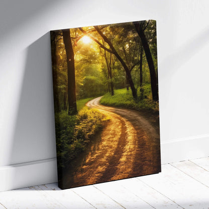Forest sunset canvas wall art with winding dirt path and warm sunlight filtering through trees, home decor.