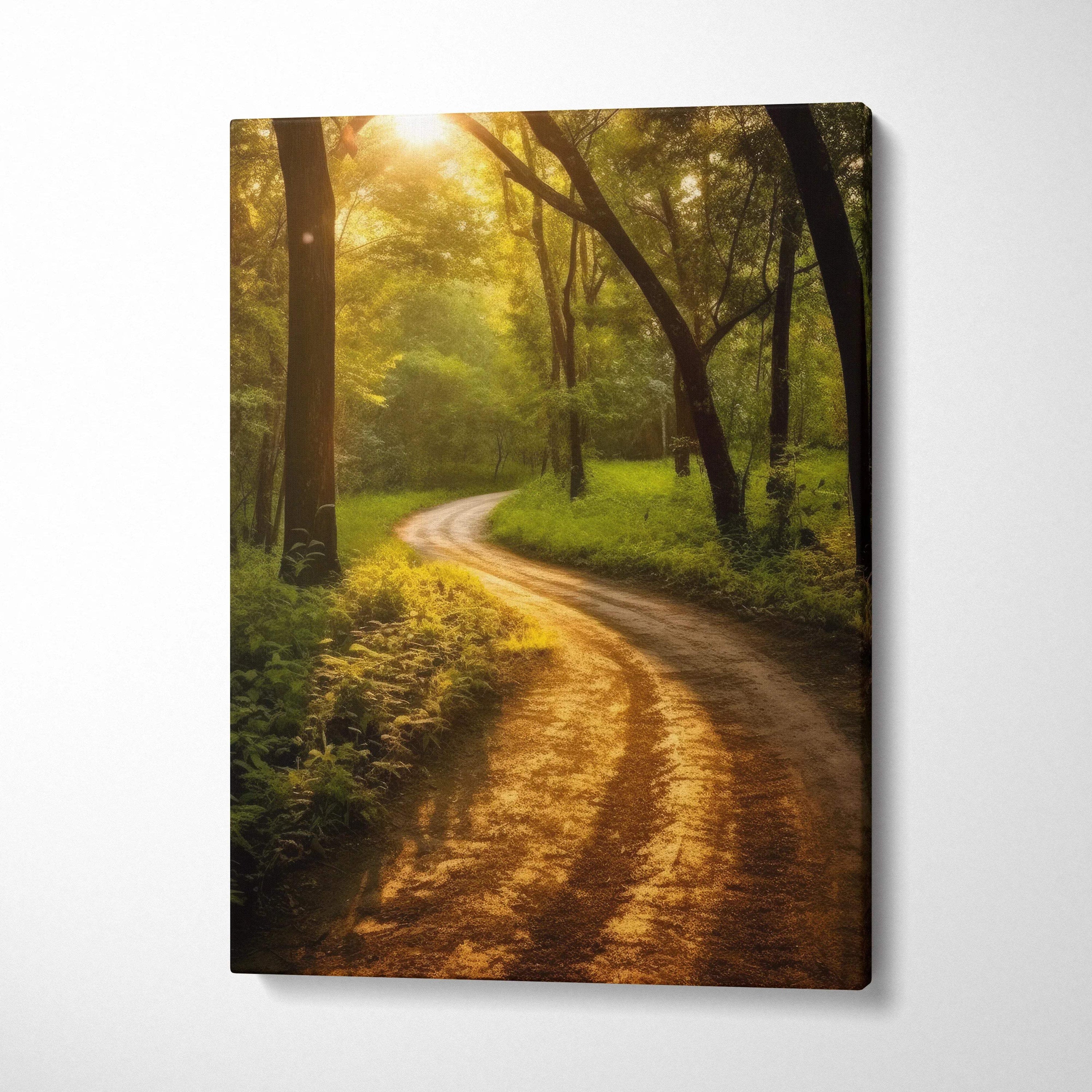 Sunset forest path with golden light on vertical canvas wall art decor.