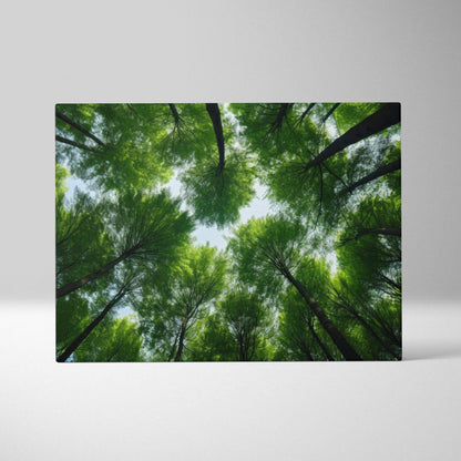 High-resolution canvas wall art featuring vibrant green forest treetops viewed from below, nature-inspired decor.