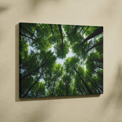 Canvas wall art featuring a high-resolution view of lush green forest treetops from below, perfect nature decor.