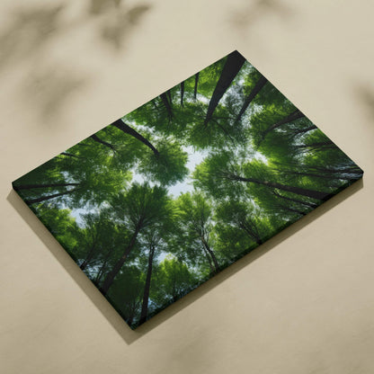 High-resolution canvas wall art showing vibrant green forest treetops viewed from below, nature decor.
