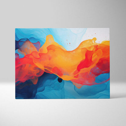 Modern abstract canvas art with vibrant flowing red, orange, and blue colors, digital wall art print.
