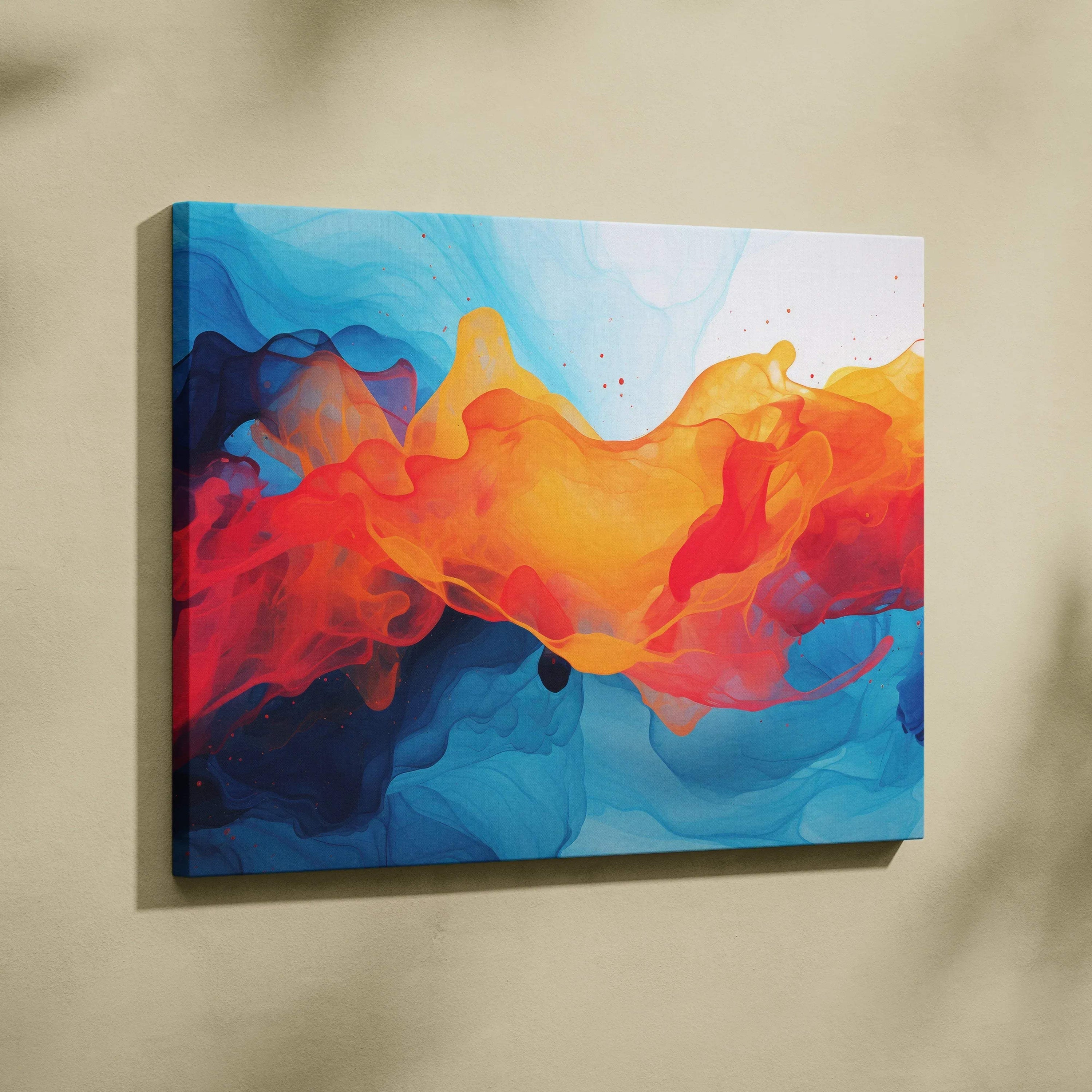 Abstract digital canvas wall art with vibrant orange, red, and blue swirling shapes on a light background.